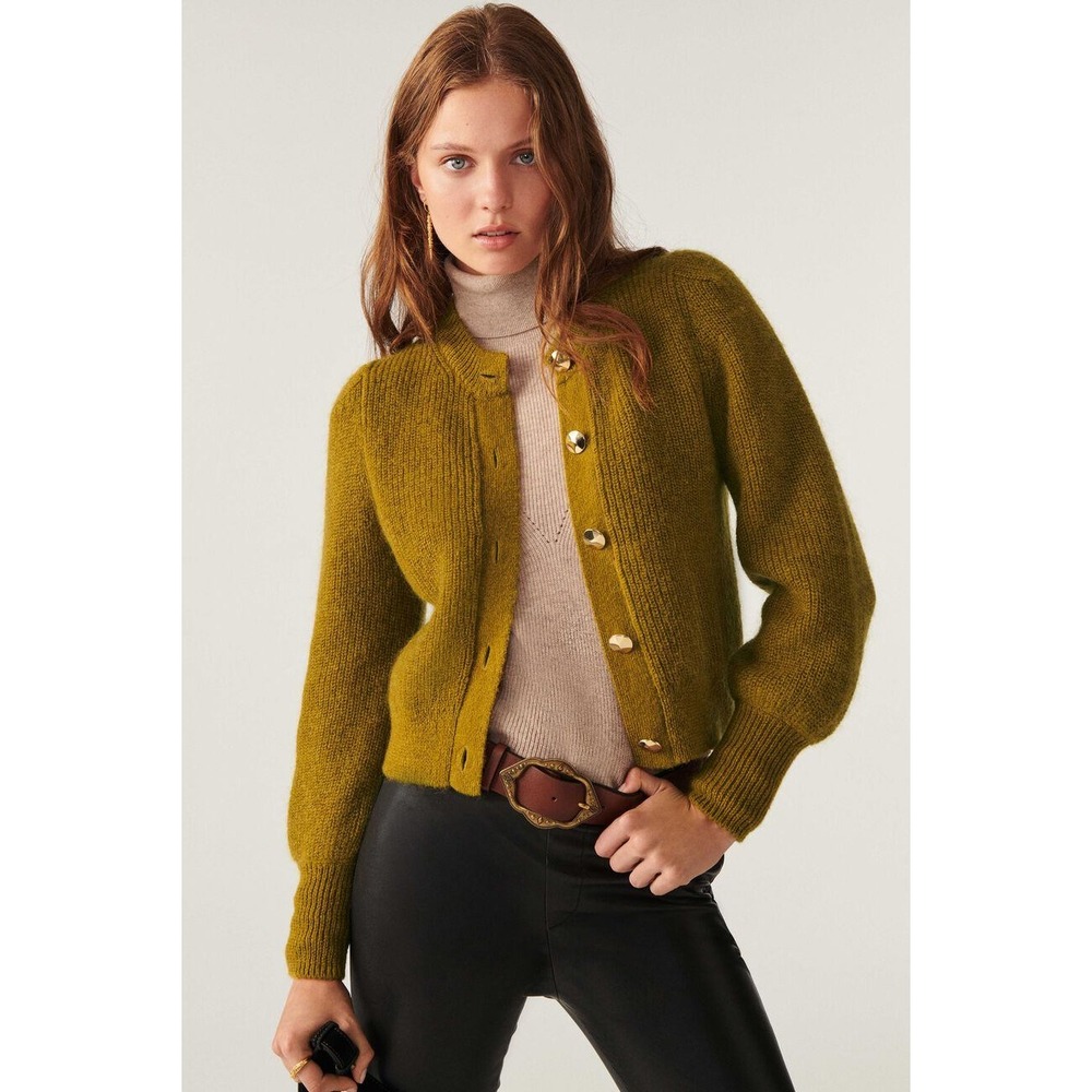 ba&sh NWT Baylor Cardigan Olive Green Mohair Wool Gold Button Sweater Size 3/ L